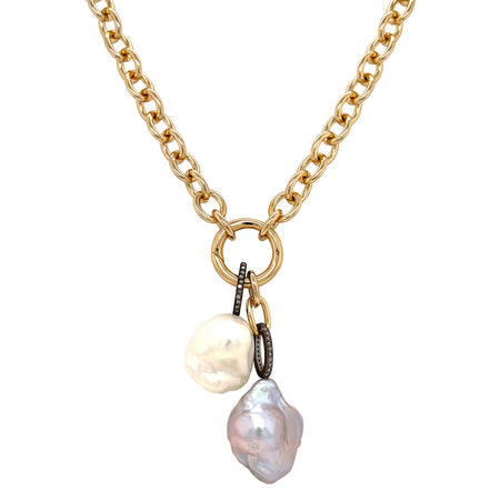 Grey and White Baroque Pearl Charm Chain Necklace with Openable Charm Holder   Yellow Gold Plated over Silver and Diamond Charm Bails Chain: 34" Long Charm Holder: 0.72" Diameter Links: 0.32" Diameter view 1