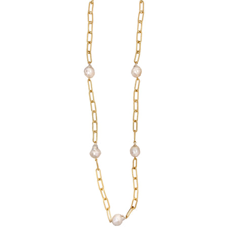 Pearl Station Necklace on Paperclip Chain  Yellow Gold Plated 36" Length Freshwater Pearls view 1