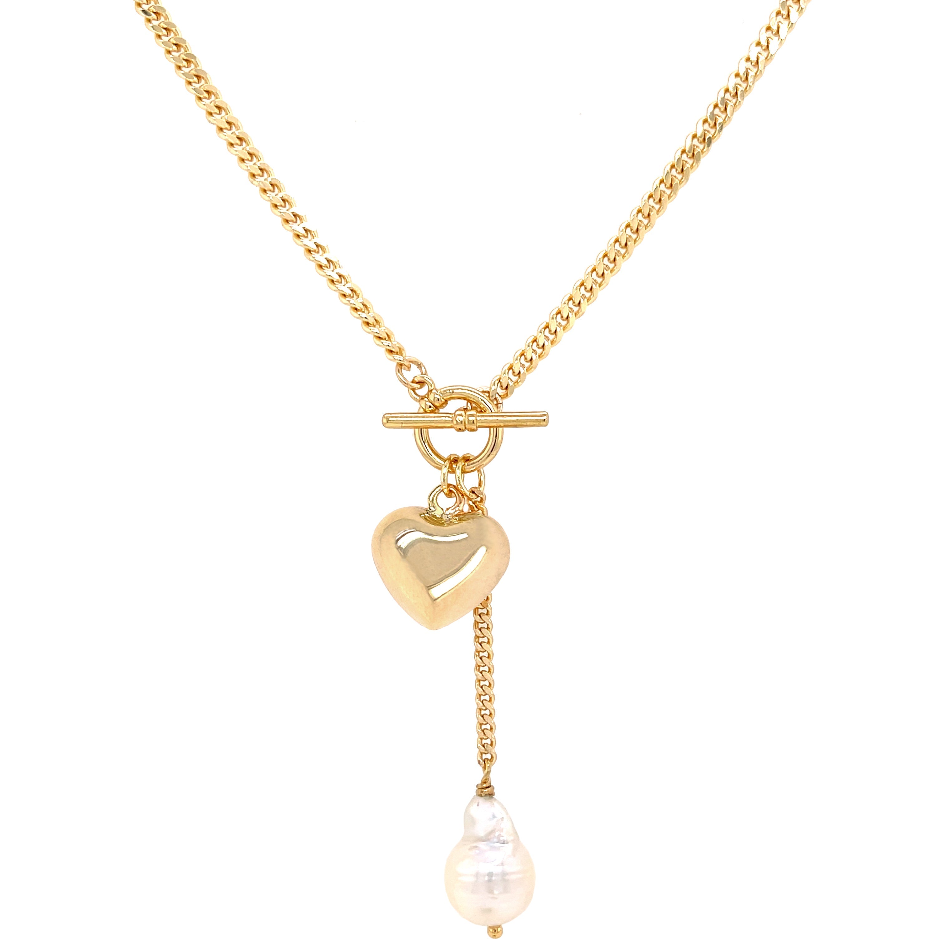 Yellow Gold Plated Heart & Pearl Toggle Necklace  Yellow Gold Plated Chain: 18" Long Drop Chain: 2" Long Heart: 0.50" Long X 0.60" Wide Freshwater Pearl: 0.60" Long X 0.40" Wide