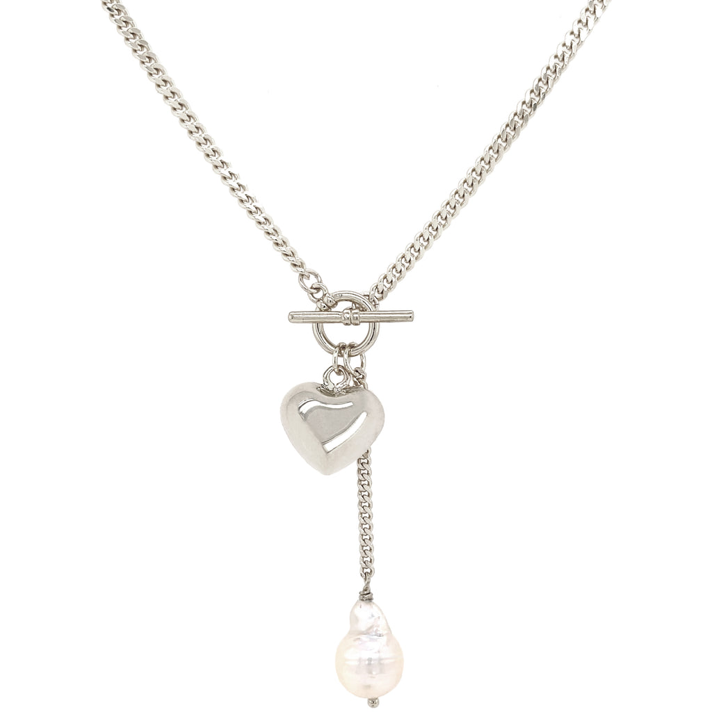 White Gold Plated Heart & Pearl Toggle Necklace  White Gold Plated Chain: 18" Long Drop Chain: 2" Long Heart: 0.50" Long X 0.60" Wide Freshwater Pearl: 0.60" Long X 0.40" Wide