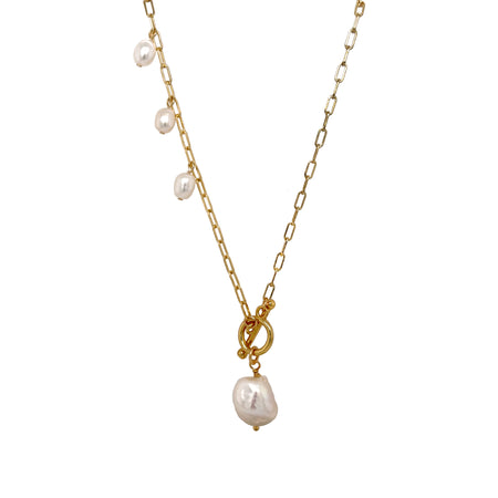 Pearl Toggle Necklace on Paperclip Chain  Yellow Gold Plated Freshwater Pearls 18" Length
