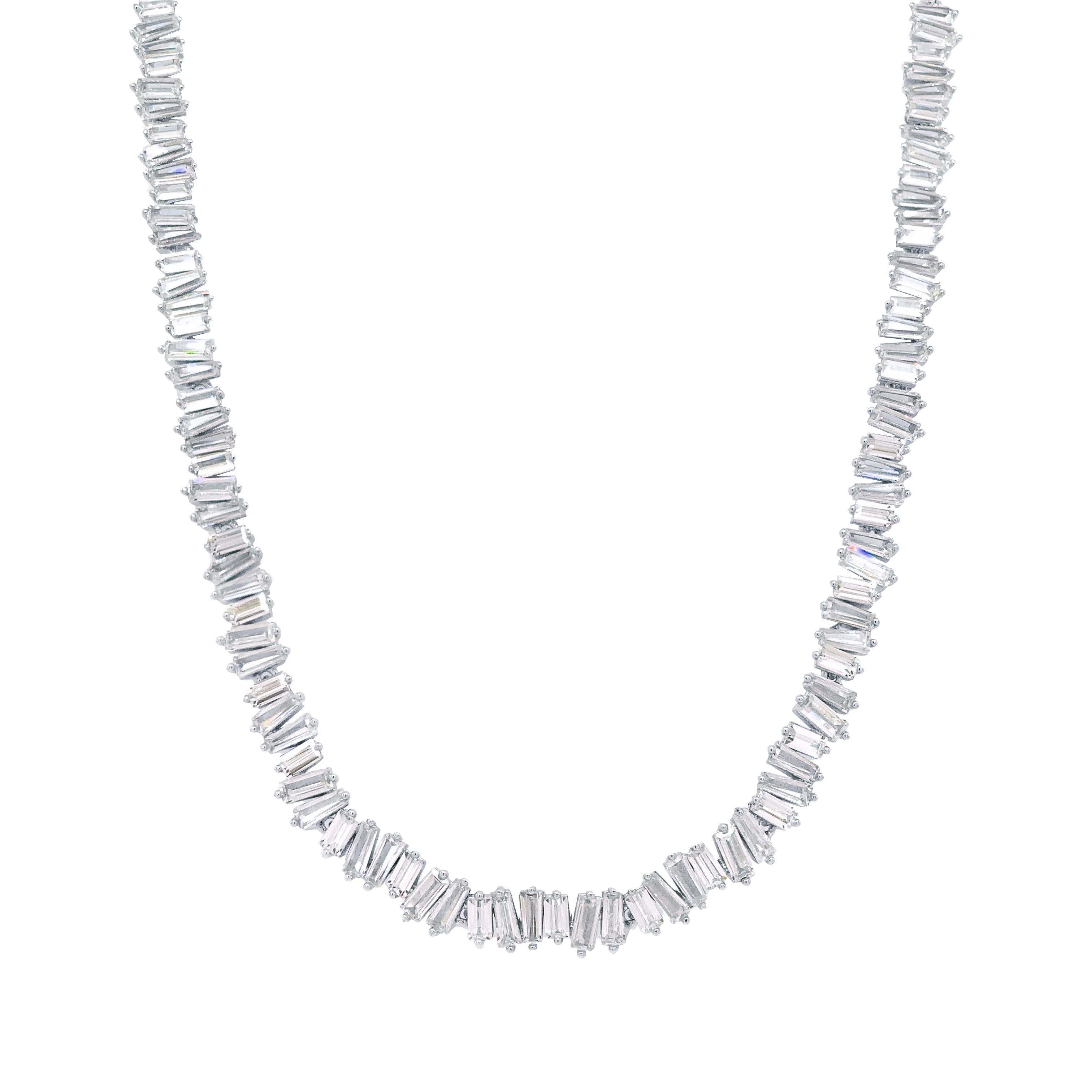 Faux Diamond Baguette Adjustable Choker Necklace  White Gold Plated 8.5-23" Long Stones: 0.22" Width