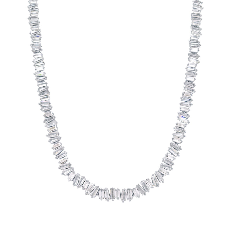 Faux Diamond Baguette Adjustable Choker Necklace  White Gold Plated 8.5-23" Long Stones: 0.22" Width