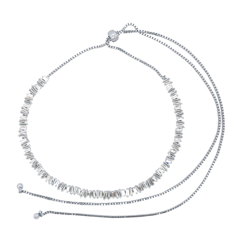Faux Diamond Baguette Adjustable Choker Necklace  White Gold Plated 8.5-23" Long Stones: 0.22" Width