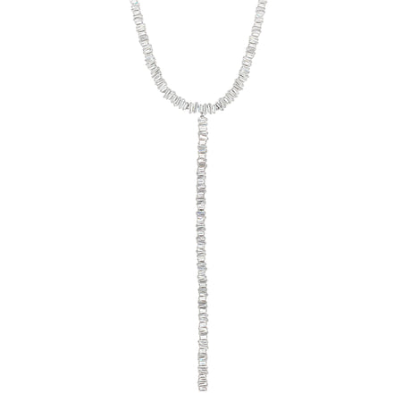 Faux Diamond Baguette Choker Lariat Necklace  White Gold Plated 29'' Long 7.5'' Drop Adjustable Bolo Tie