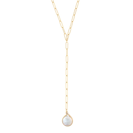 Bezel Set Pearl Drop Lariat Chain Necklace  Yellow Gold Plated Chain: 18-20" Length Pearl: 0.50" Diameter Drop Chain: 3.75" Length view 1