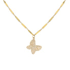 Pave Diamond Butterfly on Gold Bar Necklace  14K Yellow Gold  1.10 Diamond Carat Weight Chain: 18" Length Butterfly: 1.0" Length X 0.75" Width  Links: 0.34" Length  X 0.1" Width