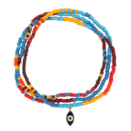 Multicolor Bead Necklace With Blue Enamel Eye Charm  Yellow Gold Plated Beads: 42" Long Charm: 0.78" Long X 0.40" Wide Wear it as a necklace, bracelet, or anklet