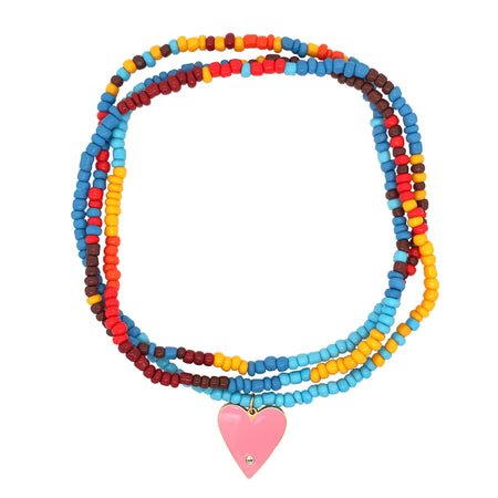 Multicolor Bead Necklace With Pink Enamel CZ Heart Charm  Yellow Gold Plated Beads: 42" Long Heart: 0.96" Long X 0.87" Wide Wear it as a necklace, bracelet, or anklet view 1