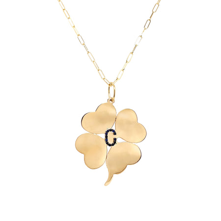 Pave Blue Sapphire Letter Large Clover Chain Necklace  14K Yellow Gold Sapphire Carat Weight depends on the letter Chain: 20" Length Clover: 1.55" Length X 1.34" Width Letter: 0.30" Length X 0.30" Width