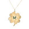 Pave Emerald Letter Large Clover Chain Necklace  14K Yellow Gold Emerald Carat Weight depends on the letter Chain: 30" Length Clover: 2.15" Length X 1.83" Width Letter: 0.40" Length X 0.40" Width
