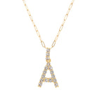 Letter A Gold Plated CZ Initial Necklace on a Paperclip Chain  Yellow Gold Plated Charm: 0.75" Long Prong Set CZs 18" Long