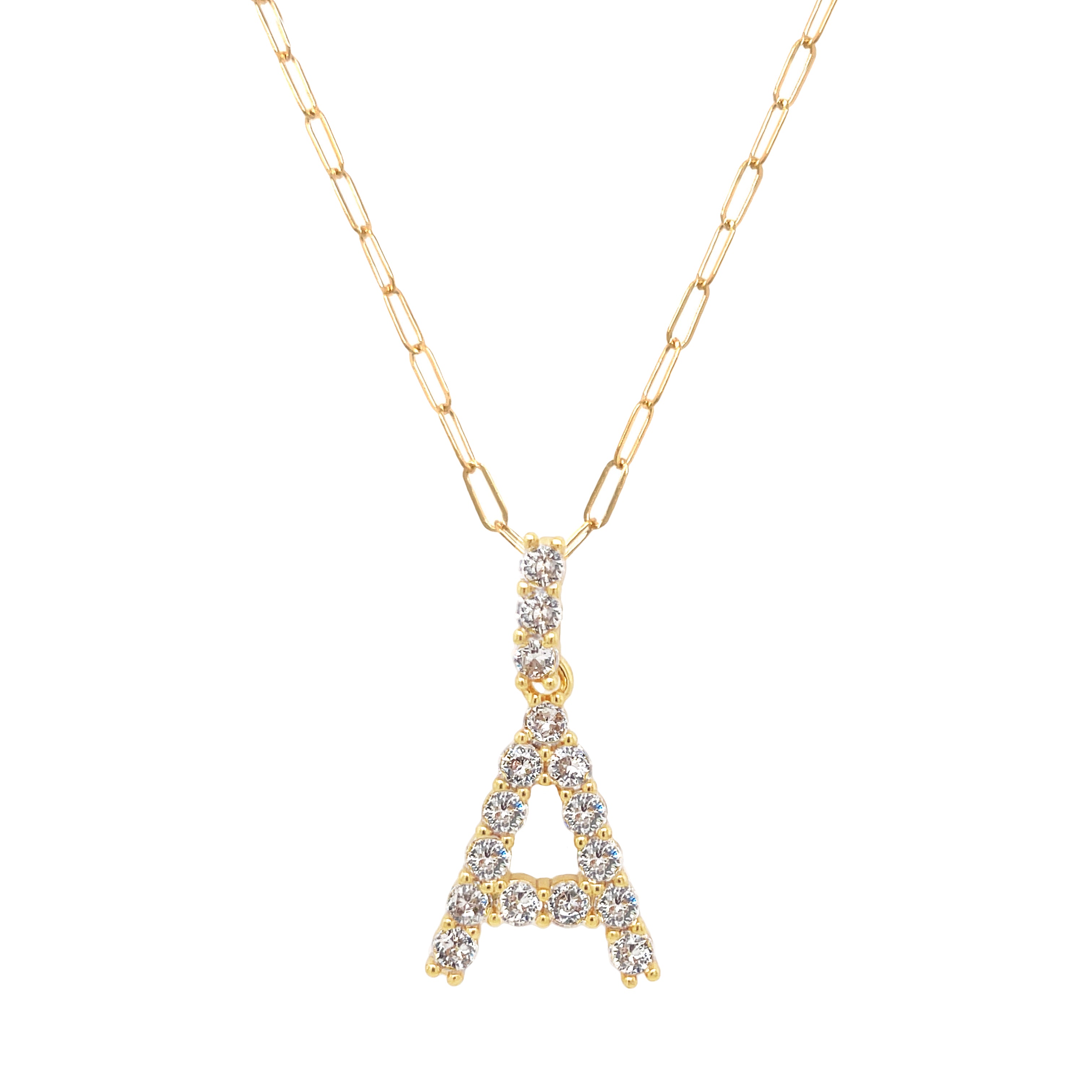 Letter A Gold Plated CZ Initial Necklace on a Paperclip Chain  Yellow Gold Plated Charm: 0.75" Long Prong Set CZs 18" Long