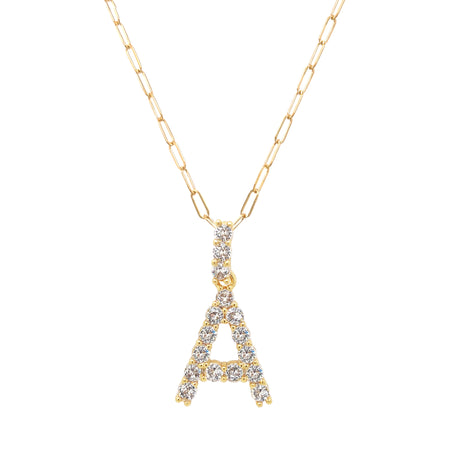 Letter A Gold Plated CZ Initial Necklace on a Paperclip Chain  Yellow Gold Plated Charm: 0.75" Long Prong Set CZs 18" Long view 1