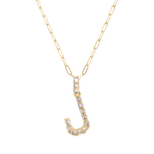 Letter J Gold Plated CZ Initial Necklace on a Paperclip Chain  Yellow Gold Plated Charm: 0.75" Long Prong Set CZs 18" Long