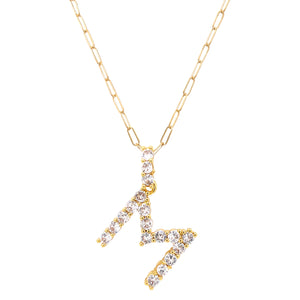 Letter M Gold Plated CZ Initial Necklace on a Paperclip Chain  Yellow Gold Plated Charm: 0.75" Long Prong Set CZs 18" Long