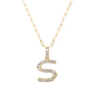 Letter S Gold Plated CZ Initial Necklace on a Paperclip Chain  Yellow Gold Plated Charm: 0.75" Long Prong Set CZs 18" Long