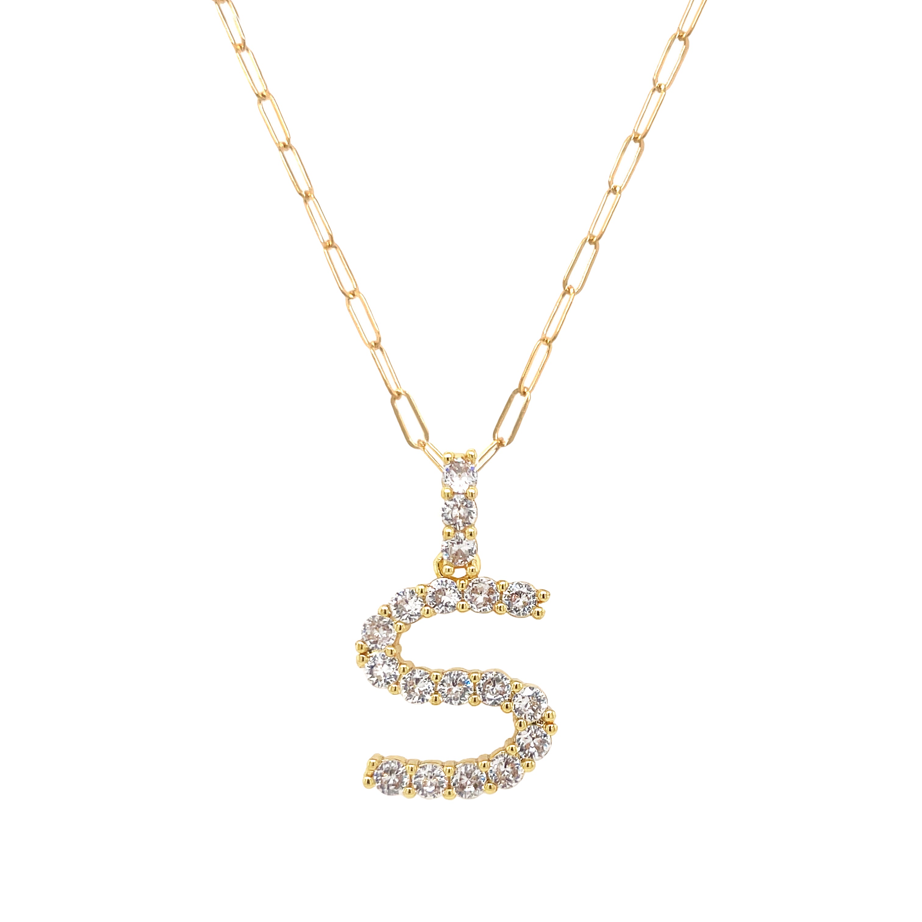 Letter S Gold Plated CZ Initial Necklace on a Paperclip Chain  Yellow Gold Plated Charm: 0.75" Long Prong Set CZs 18" Long