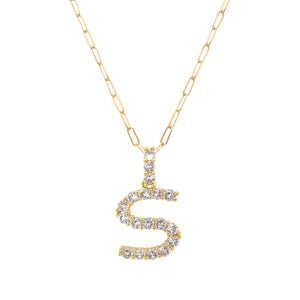 Letter S Gold Plated CZ Initial Necklace on a Paperclip Chain  Yellow Gold Plated Charm: 0.75" Long Prong Set CZs 18" Long