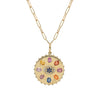 Multi Color Sapphire & Diamond Evil Eye Disc Paperclip Chain Necklace  14K Yellow Gold 2.03 Carats of Sapphire 0.22 Carat Diamond Weight 18" Long