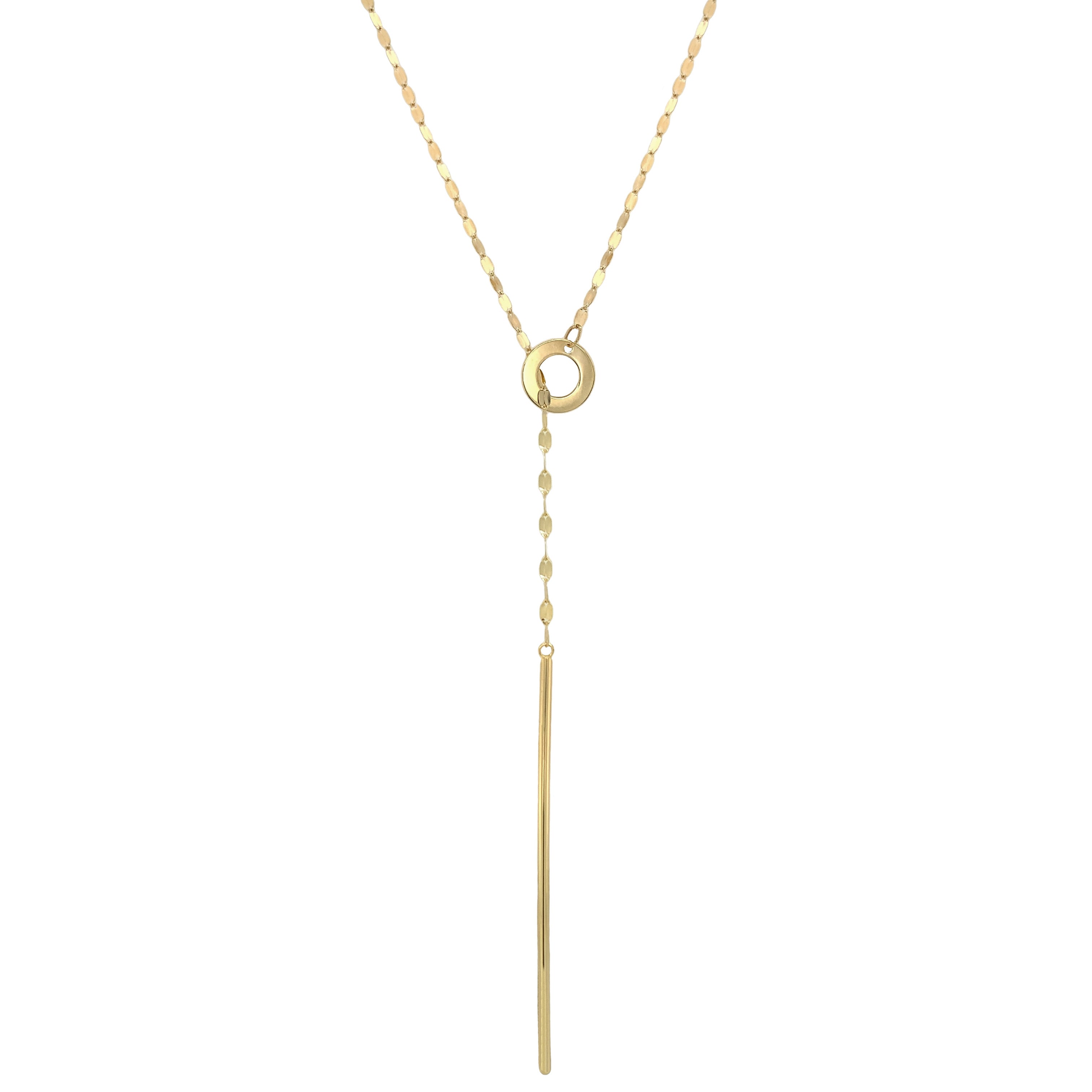 Yellow Gold Twinkly Chain Lariat Chain Necklace  14K Yellow Gold Bar: 2" Long Circle: 0.25" Diameter Chain: 28" Long