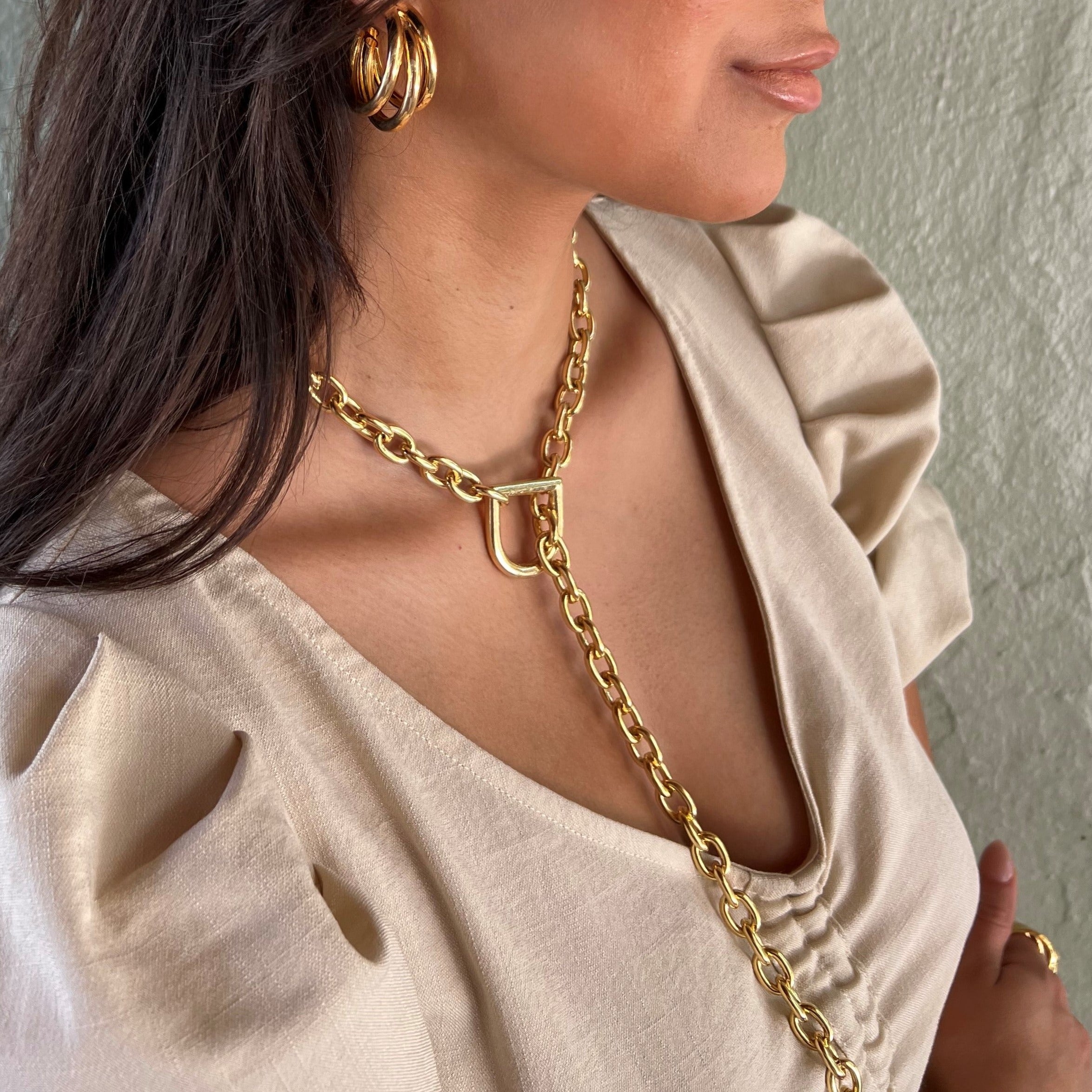Gold Plated Toggle Lariat Chain Necklace  Yellow Gold Plated 23" Long Ring: 1.14" Diameter Chain: 0.42" Thick