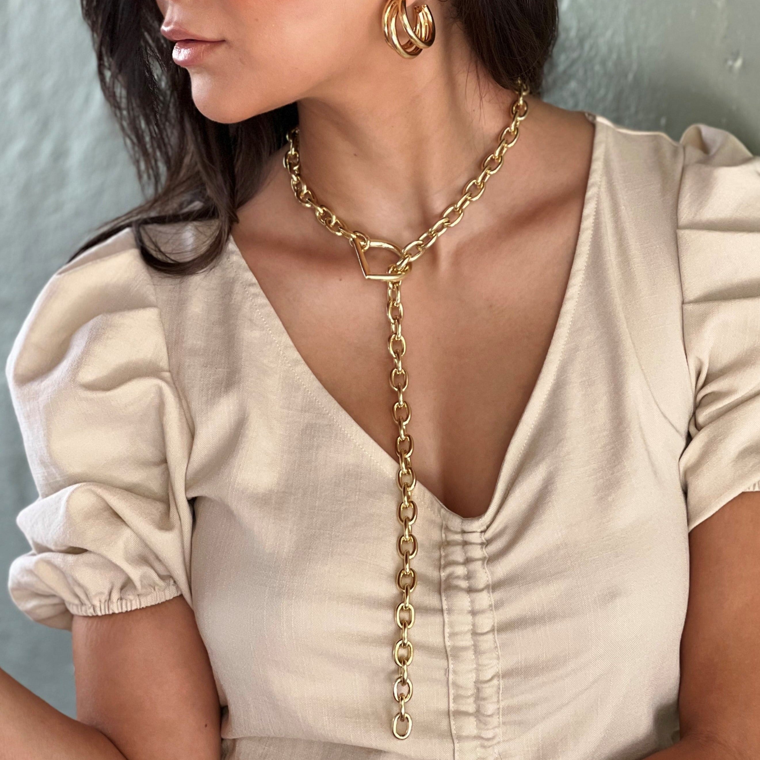 Gold Plated Toggle Lariat Chain Necklace  Yellow Gold Plated 23" Long Ring: 1.14" Diameter Chain: 0.42" Thick