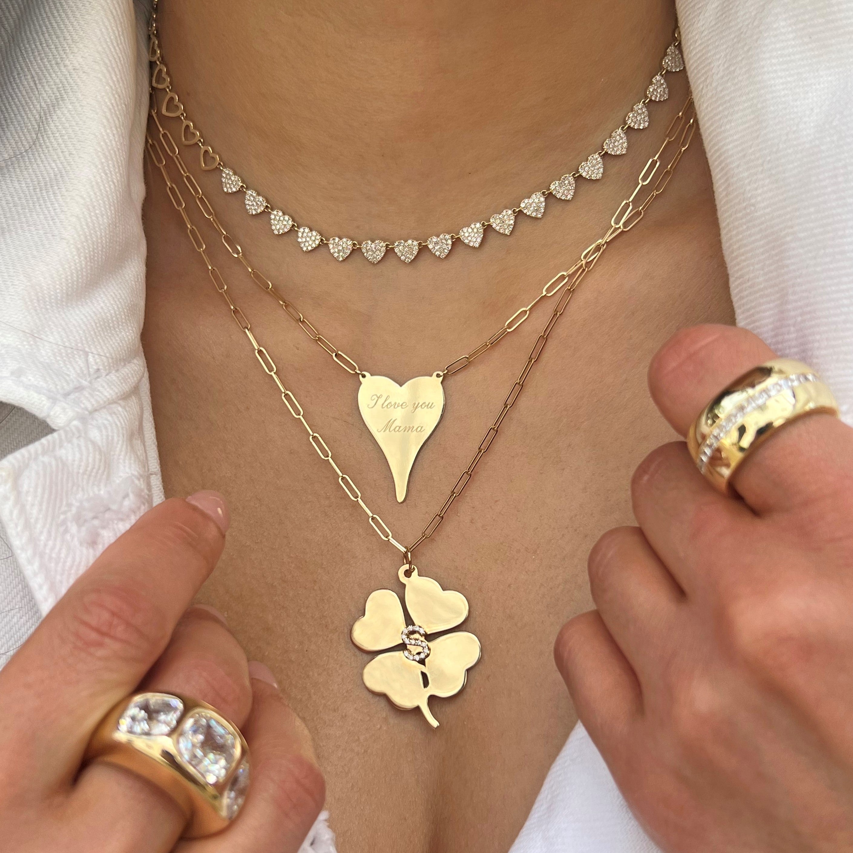 Pave Diamond Letter Clover Chain Necklace  14K Yellow Gold 0.25 Diamond Carat Weight Chain: 18" Length Clover: 1.25" Length X 1.00" Width Letter: 0.30" Length X 0.30" Width