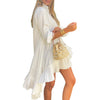 White Pleated High-Low Asymmetrical Shirt Dress  65% Polyester 35% Cotton -Worn with pearl bucket tote & gold cuff bracelet