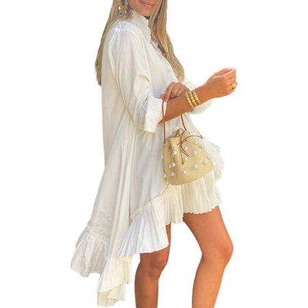 White Pleated High-Low Asymmetrical Shirt Dress  65% Polyester 35% Cotton -Worn with pearl bucket tote & gold cuff bracelet view 1