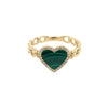 Malachite & Diamond Heart Chain Ring  14K Yellow Gold 0.8 Diamond Carat Weight 0.86 Malachite Carat Weight Band: 0.13" Thick Heart: 0.40" Length X 0.43" Width