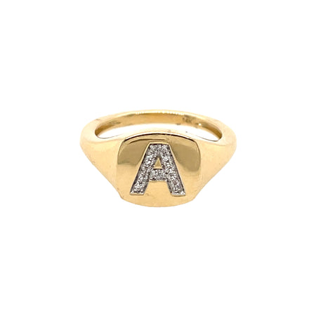 Diamond Initial Rounded Square Shape Signet Ring  14K Yellow Gold 0.06 Diamond Carat Weight Square Signet: 0.35" Ring Size 3.5  