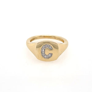Letter C 14K Yellow Gold 0.06 Diamond Carat Weight Square Signet: 0.35" Ring Size 3.5