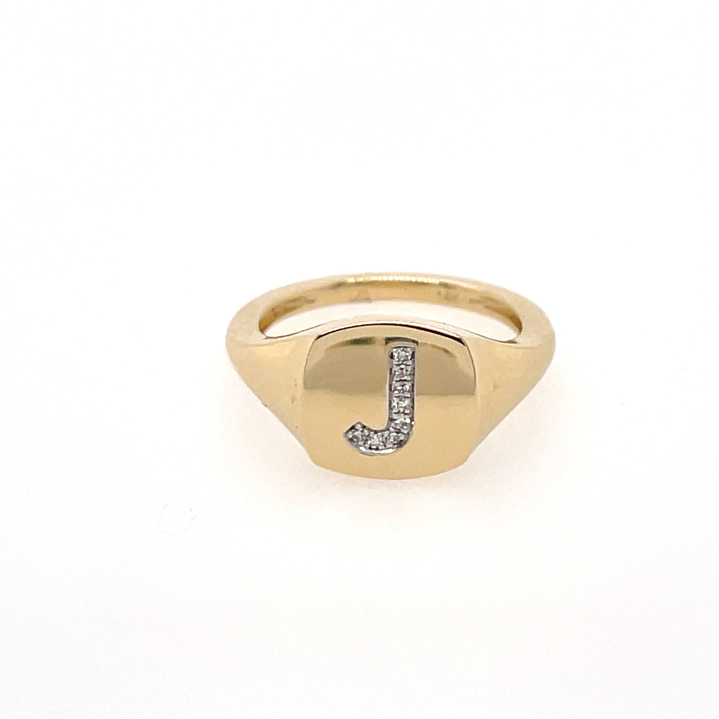 Letter J 14K Yellow Gold 0.06 Diamond Carat Weight Square Signet: 0.35" Ring Size 3.5