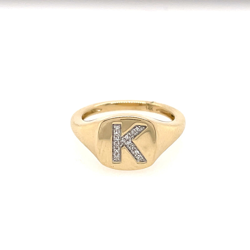 Letter K 14K Yellow Gold 0.06 Diamond Carat Weight Square Signet: 0.35" Ring Size 3.5