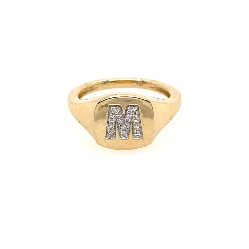 Letter M 14K Yellow Gold 0.06 Diamond Carat Weight Square Signet: 0.35" Ring Size 3.5