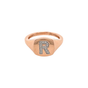 Diamond Initial Rounded Square Shape Signet Ring  14K Rose Gold 0.06 Diamond Carat Weight Square Signet: 0.35" Ring Size 3.5