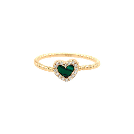 Yellow Gold Over Silver CZ and Faux Malachite Heart Ring  Yellow Gold Plated Over Silver Heart: 0.25" Diameter Pave Set CZs and Faux Malachite view 1