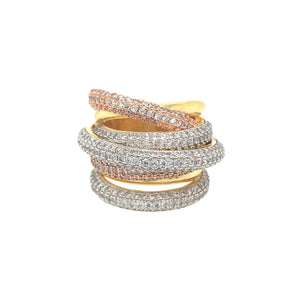Tri Color Gold Multi Band Ring  Yellow, Rose and White Gold Plated Pave Set Cubic Zirconia 0.80" Width