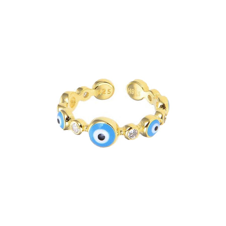 CZ stone & Multi Evil Eye Ring  14K Yellow Gold Plated over Silver