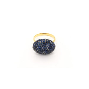 Pave Sapphire Oval Ring  14K Yellow Gold Band Oxidized Gold Plated Over Silver 3.99 Sapphire Carat Weight Oval 0.54" Long X 0.71" Wide