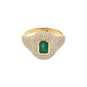 14K Gold Pave Diamond Band with Baguette Emerald Ring  14K Yellow Gold 0.77 Diamond Carat Weight 0.61 Emerald Carat Weight 0.54" Width