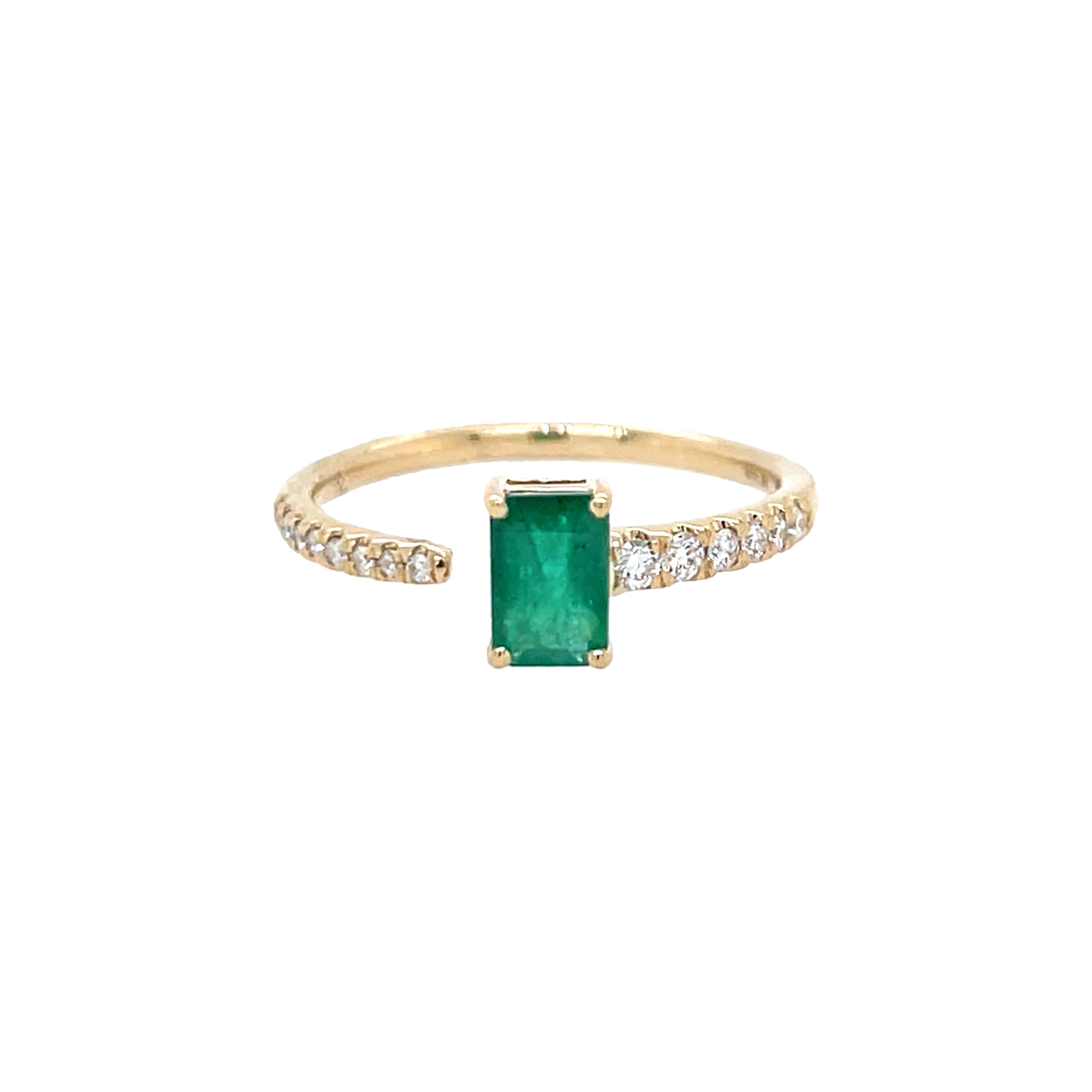 14K Gold Open Band Emerald & Pave Diamond Ring  14K Yellow Gold 0.14 Diamond Carat Weight 0.60 Emerald Carat Weight Emerald: 0.24" Length X 0.17" Width