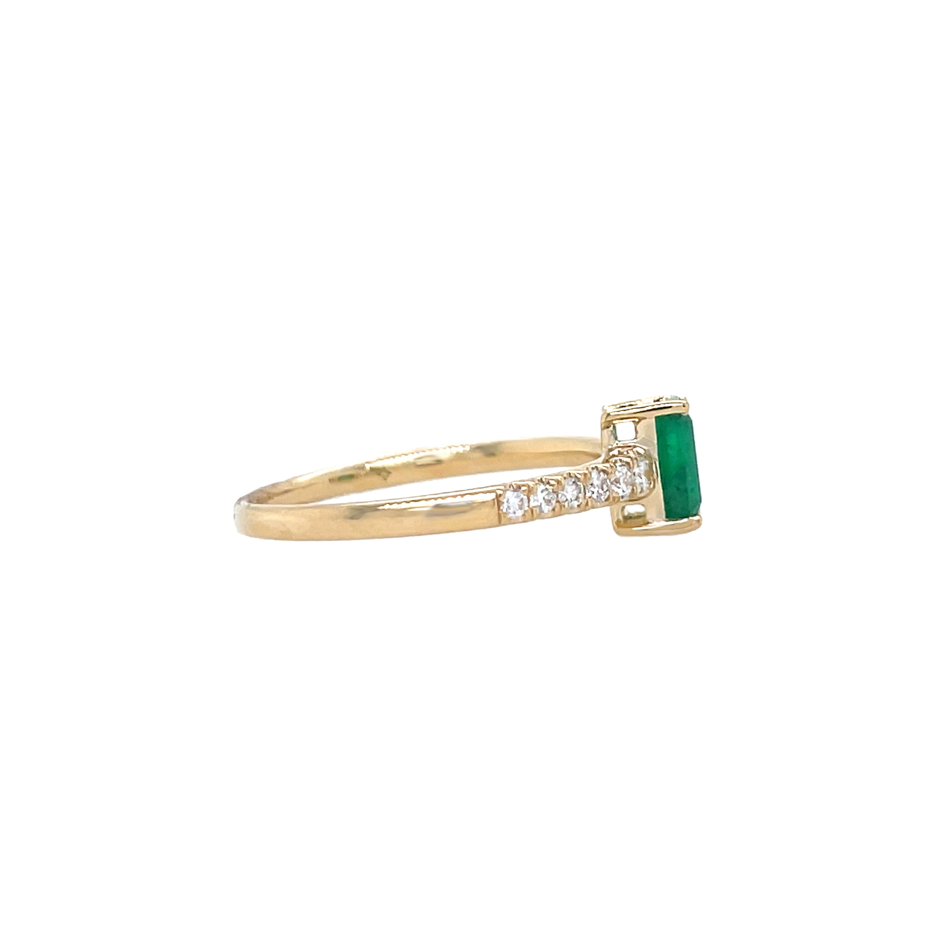 14K Gold Open Band Emerald & Pave Diamond Ring  14K Yellow Gold 0.14 Diamond Carat Weight 0.60 Emerald Carat Weight Emerald: 0.24" Length X 0.17" Width