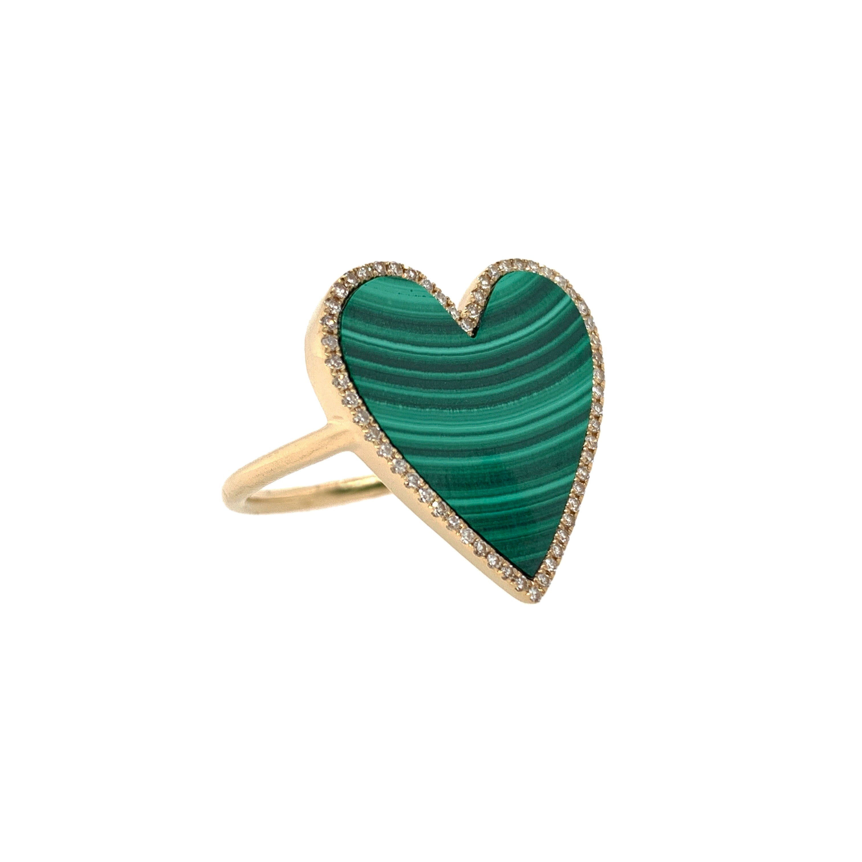 Malachite & Diamond Heart Ring  14K Yellow Gold 0.18 Diamond Carat Weight 3.35 Malachite Carat Weight Heart: 0.75" Diameter