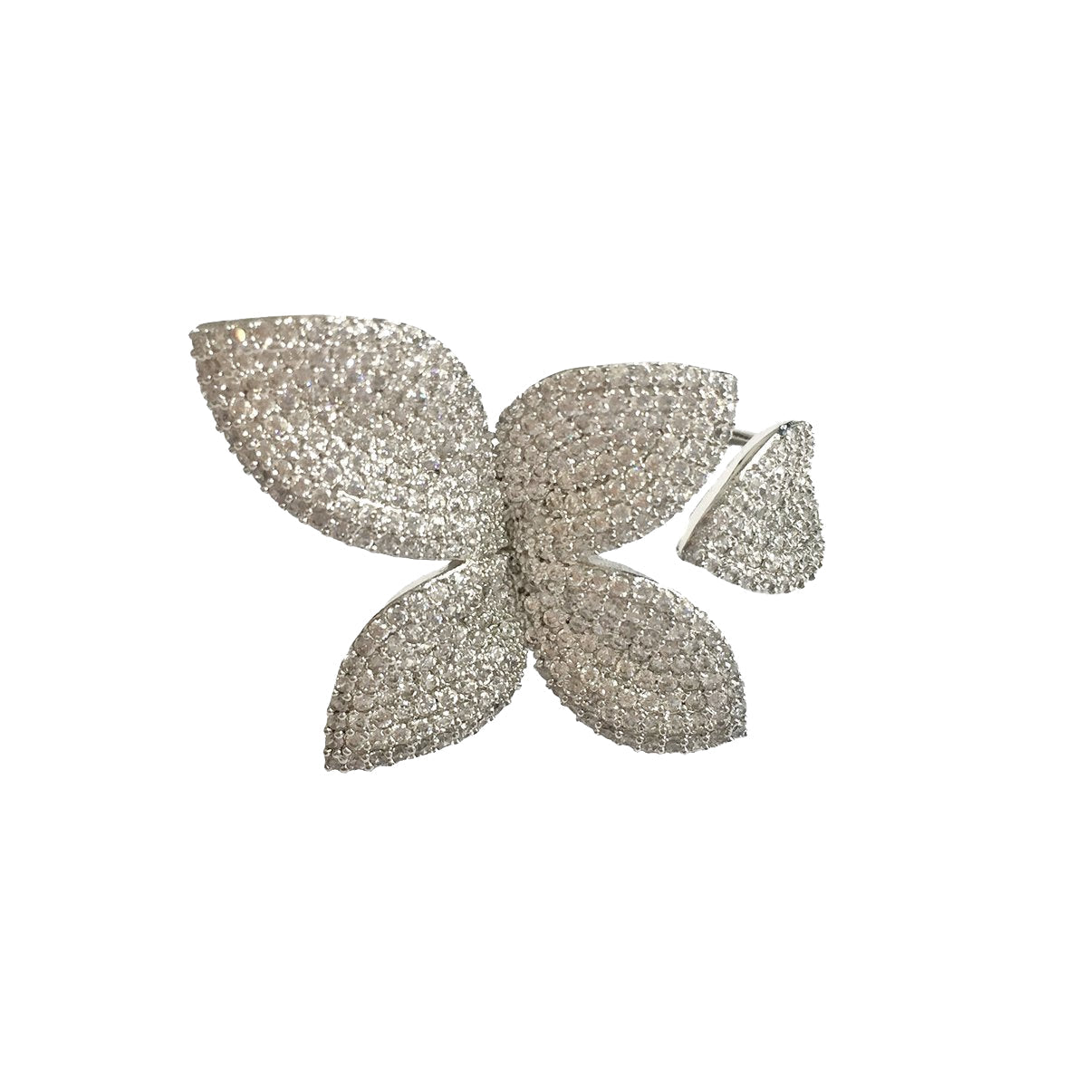 Crystal Plumeria Flower Open Ring  White Gold Plated 2.72" Height Adjustable Fits Ring Size 5-6.75 As worn by Bevy Smith