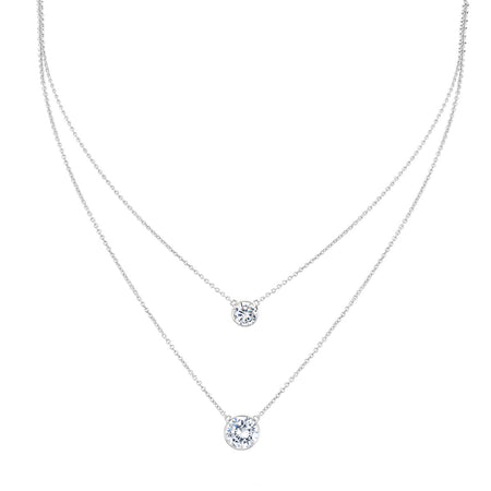 Layered Double Solitaire Necklace  White Gold Plated 16-20" Long Faux Bezel Diamond
