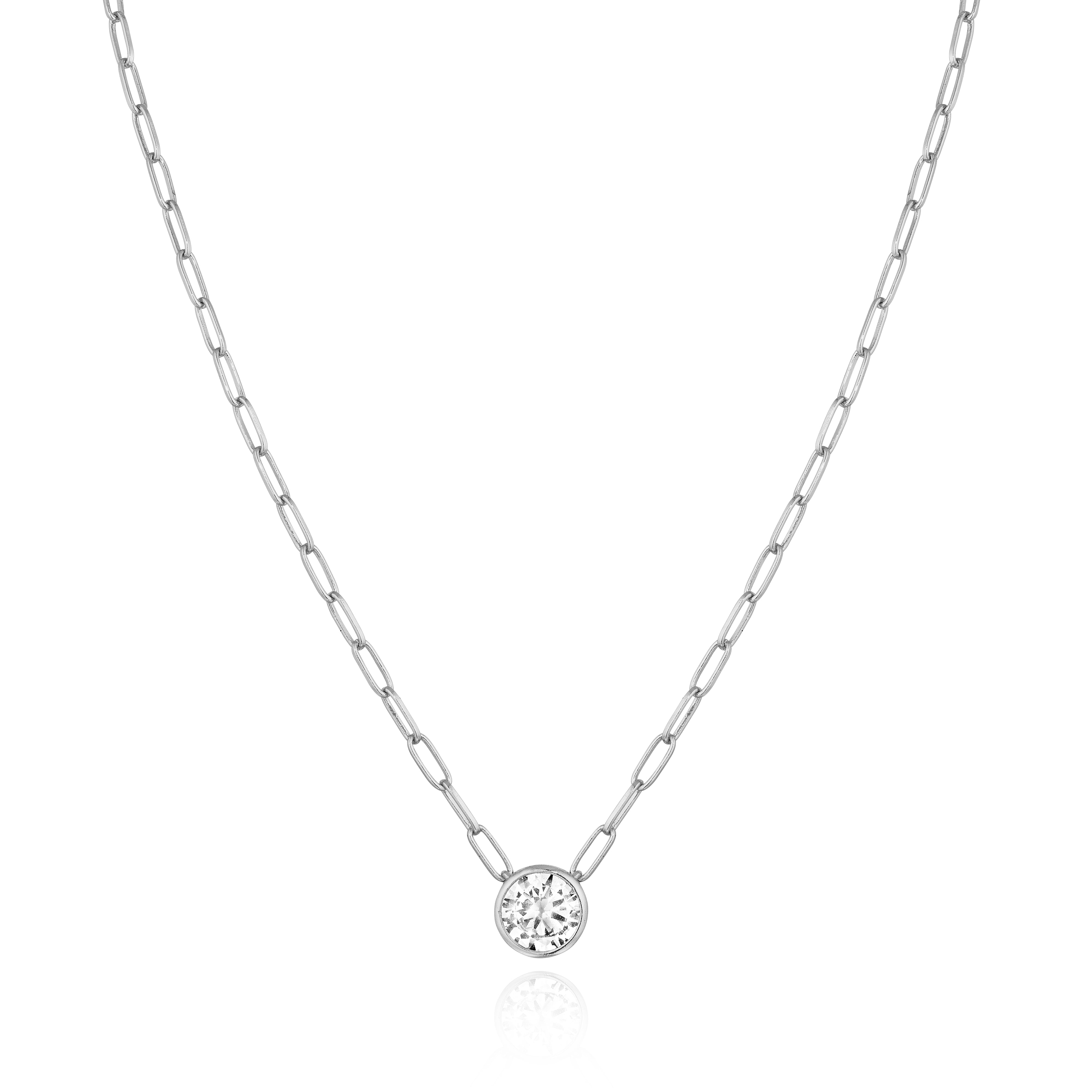 Solitaire Bezel on Paperclip Chain Necklace  14K Yellow or White Gold Plated Cubic Zirconia 15.5-21" Length Stone: 0.31" Diameter