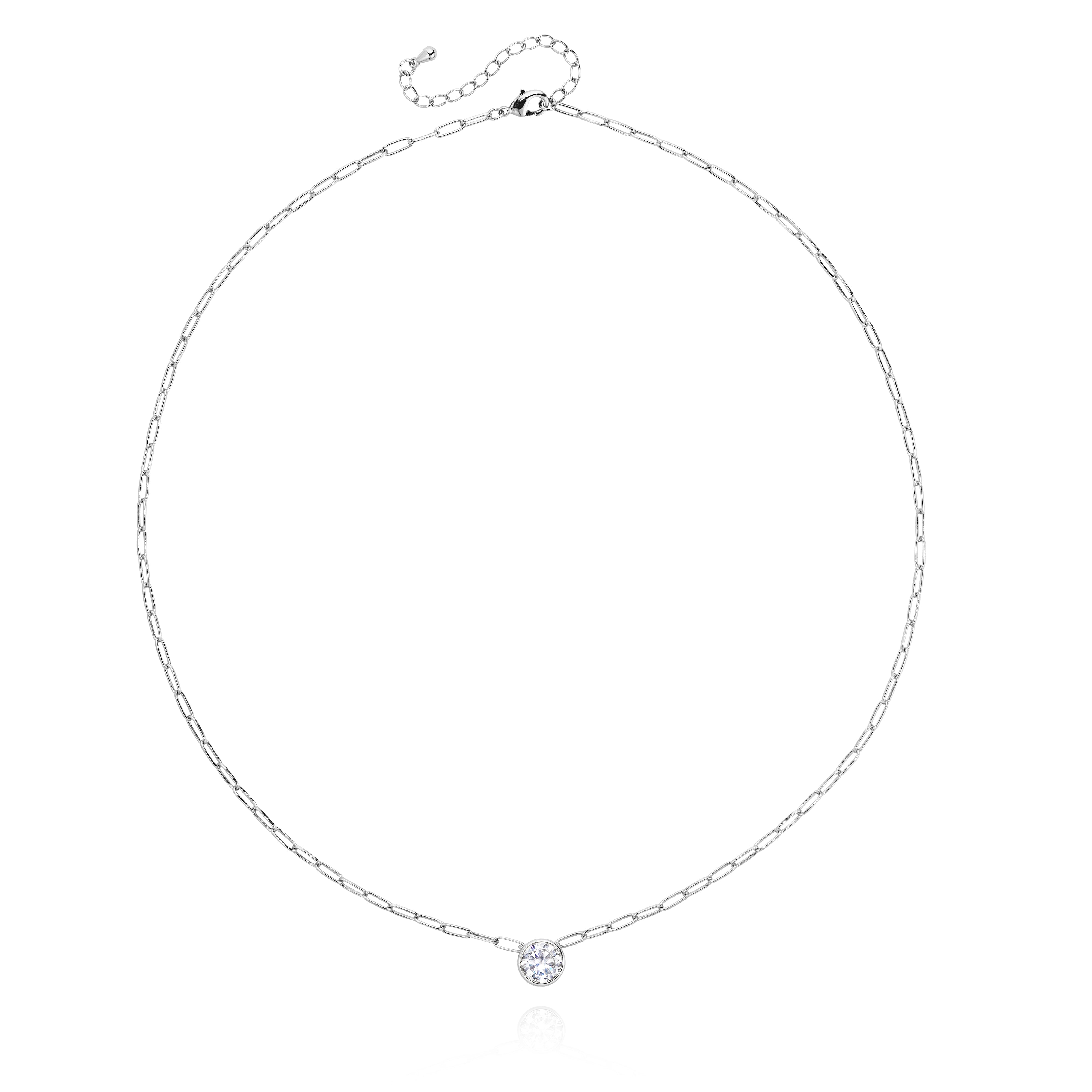 Solitaire Bezel on Paperclip Chain Necklace  14K Yellow or White Gold Plated Cubic Zirconia 15.5-21" Length Stone: 0.31" Diameter