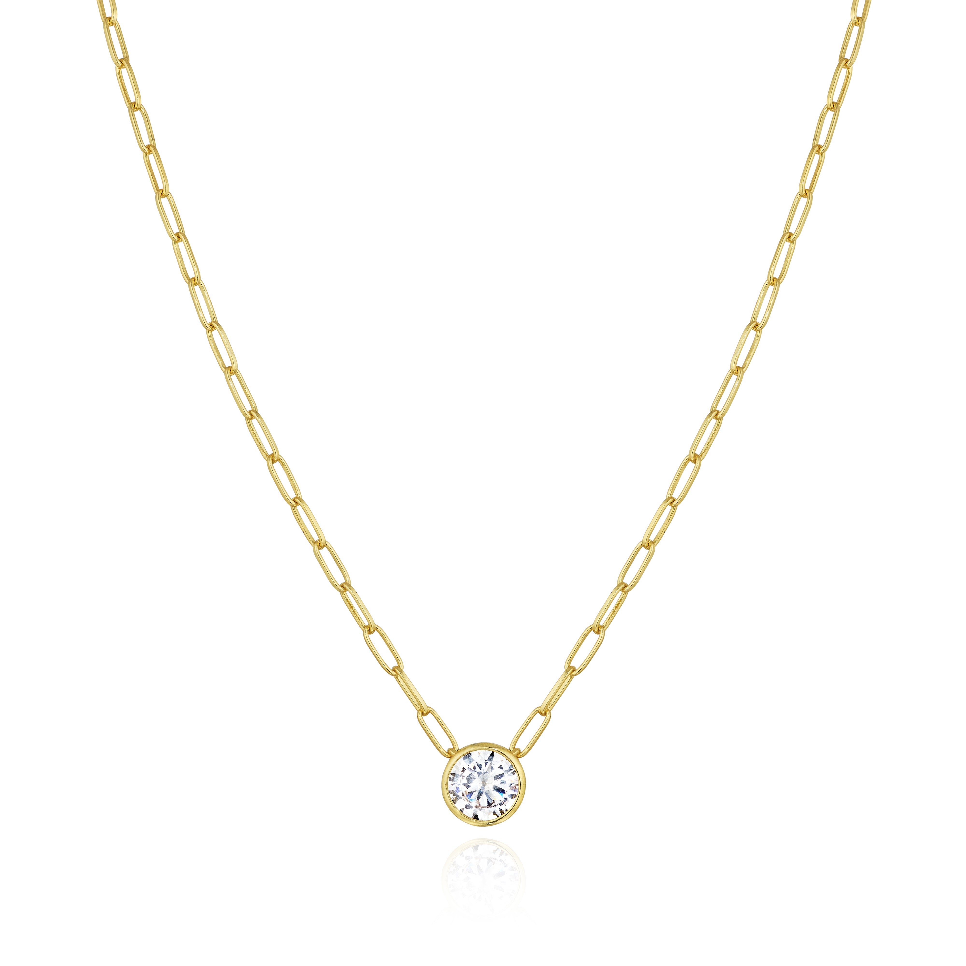 Solitaire Bezel on Paperclip Chain Necklace  14K Yellow or White Gold Plated Cubic Zirconia 15.5-21" Length Stone: 0.31" Diameter